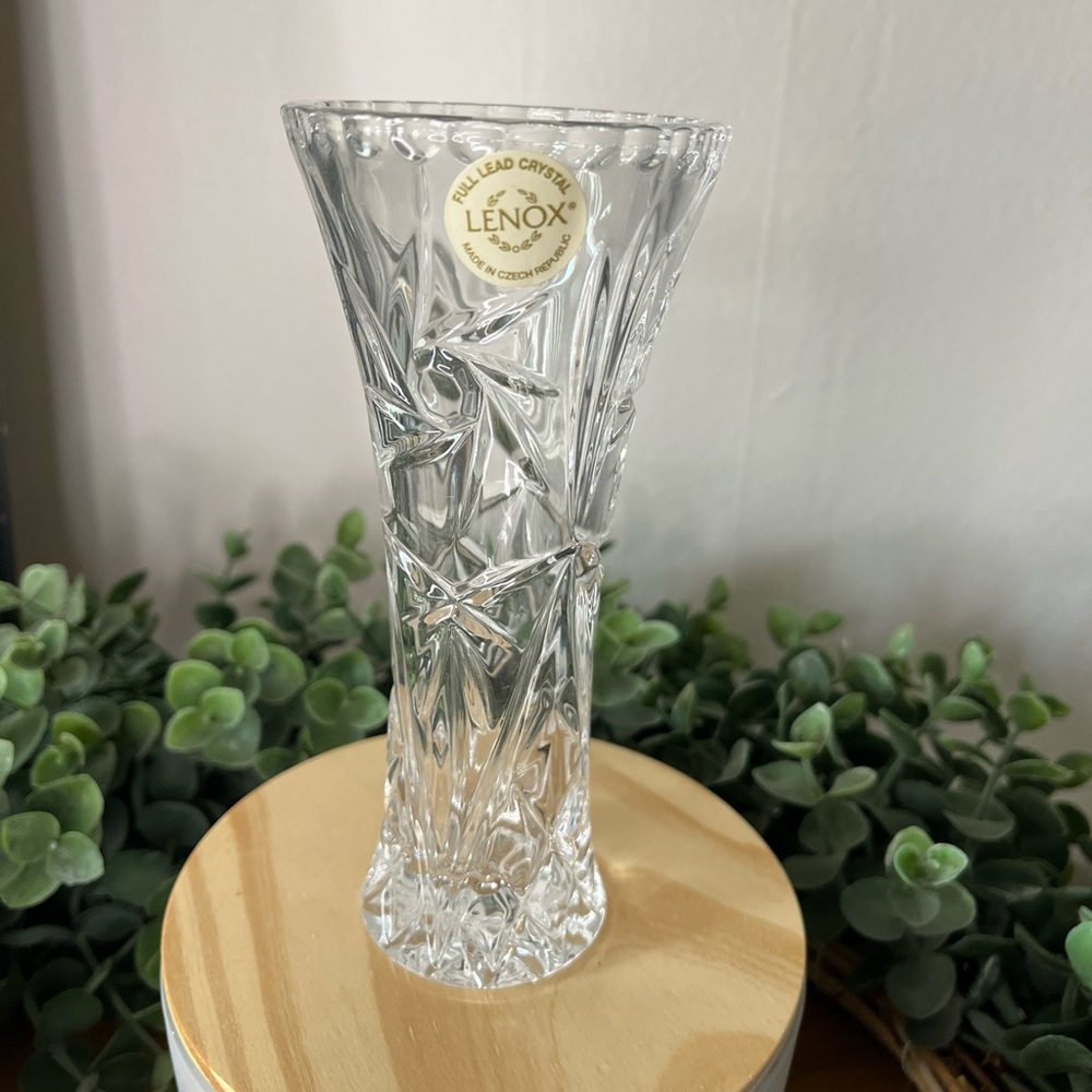 Vintage 80s Lenox Clear Crystal Star 6" Small Vase Fan Tapered Flared Czech